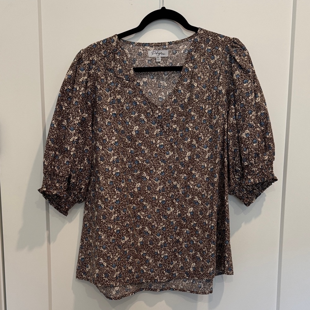 Beautiful Brown Floral Print Blouse with v-neck, puffy sleeves and elastic @ arm